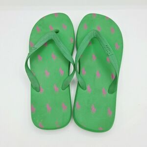 Ralph Lauren Polo Thong Sandal Flip-Flop Green Pink Logo AOP Men 7-8 Women 9-10
